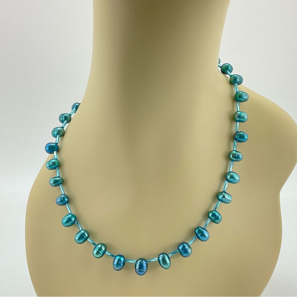 Blue Pearl Necklace, Handmade, Baroque Fresh Water Pearls, Colorful Beads, Mod